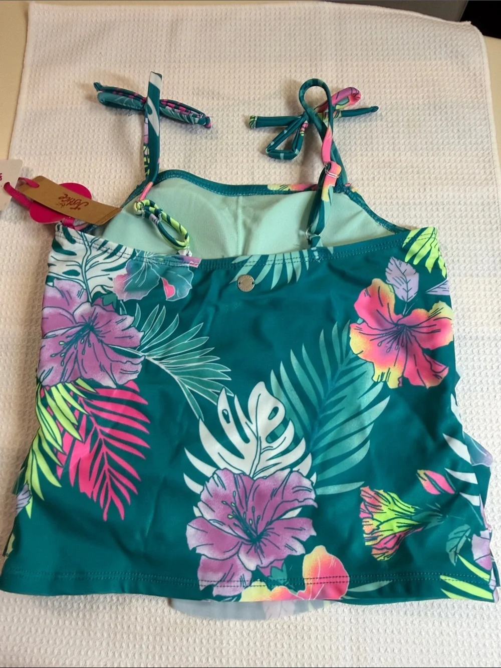 Justice Teal Tropical Ruffle Tankini with Pink & Lime Floral